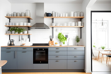 Home interior of a trendy, stylish, bright Scandinavian-style kitchen with open shelves. Loft interior. Modern kitchen interior