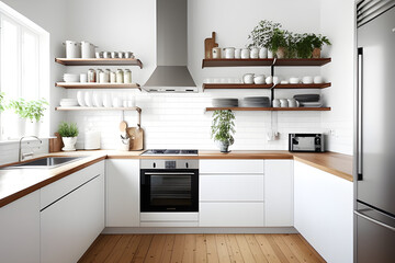 Home interior of a trendy, stylish, bright Scandinavian-style kitchen with open shelves. Loft interior.