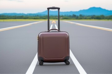 Suitcase on the runway, the concept of a business trip. Generated by AI