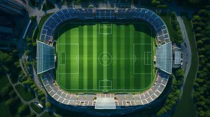 drone view, green football field from above panorama view of top stadium