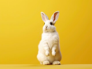 A cute white rabbit sits on a yellow copy background. Generated by AI