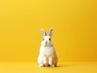 A cute white rabbit sits on a yellow copy background. Generated by AI