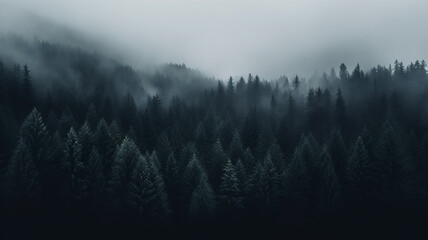 misty autumn coniferous evergreen forest in the mountains nature landscape panoramic view