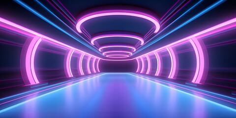 Futuristic sci fi blue and purple neon tube lights glowing. 3d rendering