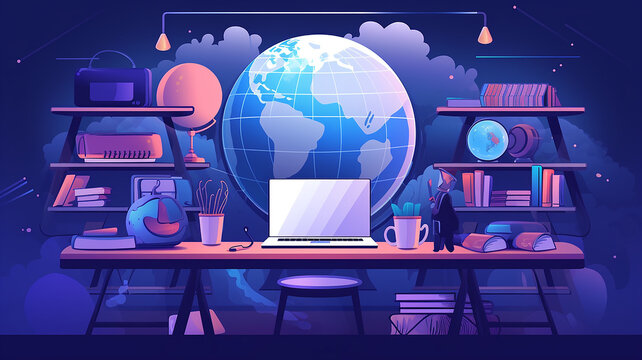 illustration, complex background global education, laptop and international learning system