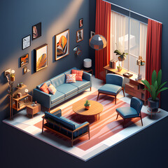 Living room,isometric,3d render.Generative AI.