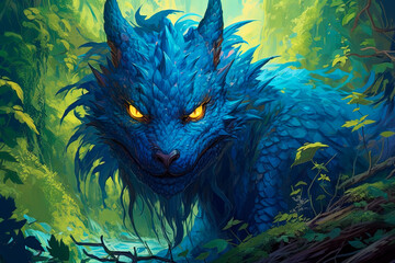 A blue dragon with yellow eyes. Generative AI