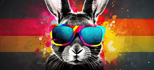 Funny hipster hare surrounded by colorful decoration. Concept of attractive and surreal animal design.