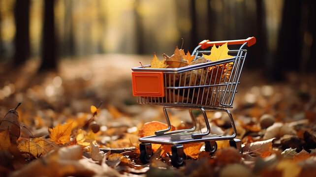 supermarket trolley in autumn park leaf fall discounts and sale