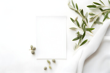 feminine minimalist styled wedding stationery mockup with a stack of blank invitation cards and a fresh olive twig on a white soft linen background