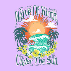 sunrise the Vintage summer beach vector prints, Summer vintage graphic print design. Beach vibes with board print design. Hand sketch beach vector design. flamingo artwork.