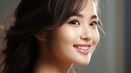 Obraz premium Young Asian beauty woman with beautiful smile and perfect white teeth closeup. Generative AI