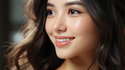 Young Asian beauty woman with beautiful smile and perfect white teeth closeup. Generative AI