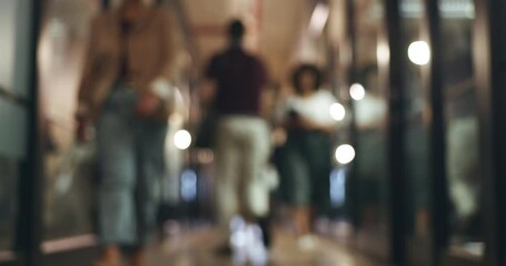 Blurred background, people and walking in the office, business or workplaace with professional employees or staff. Company, lobby and workers moving in the hall, corridor and hallway in agency