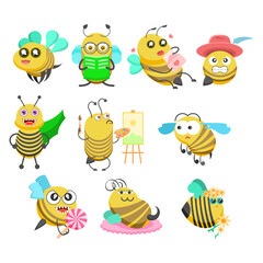 Set Abstract Collection Flat Cartoon Animal Insect Beetle Bee Fly Honey Yellow Animal Vector Design Style Elements Fauna Wildlife