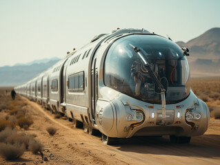AI Futuristic Bus Convoy in Desert Landscape