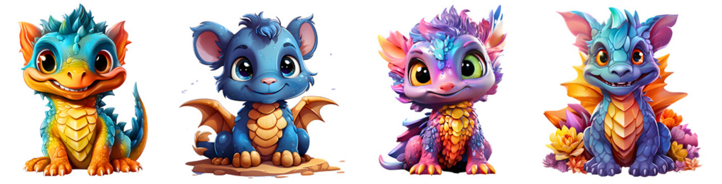 four set of cute colorful dragons, isolated in transparent background, PNG, Generative AI