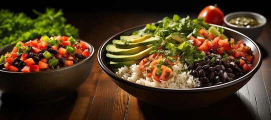 Brown Rice and Black Bean Burrito Bowl: A hearty bowl with brown rice, black beans, avocado, and salsa for a satisfying meal.Generated with AI - obrazy, fototapety, plakaty