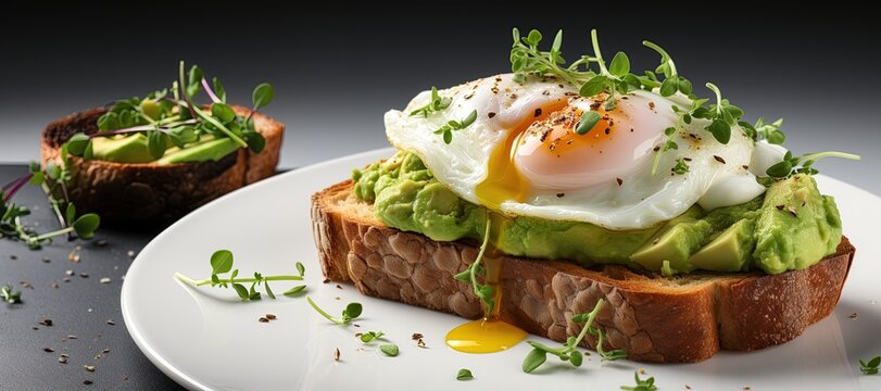 Avocado Toast with Poached Egg: A popular and nutritious breakfast option with creamy avocado and a perfectly poached egg.Generated with AI - Powered by Adobe