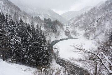 深い雪に覆われた中津川渓谷