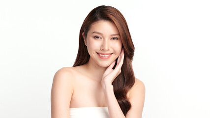 Fototapeta premium Beautiful young asian woman with clean fresh skin on white background, Face care, Facial treatment, Cosmetology, beauty and spa, Asian women portrait.
