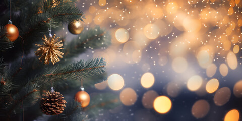Obraz na płótnie Canvas close up Christmas tree fir cone bokeh lights background with copy space/space for text