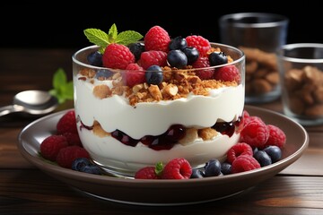 Greek Yogurt Parfait with Fresh Berries: Layers of Greek yogurt, granola, and fresh berries for a delightful and protein-rich treat.Generated with AI