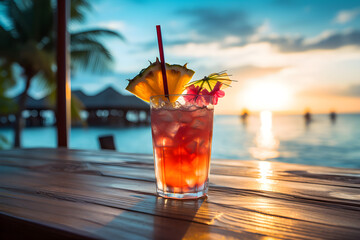 Drink cocktail summer tropical sunny beach drink bar at sunset © sam