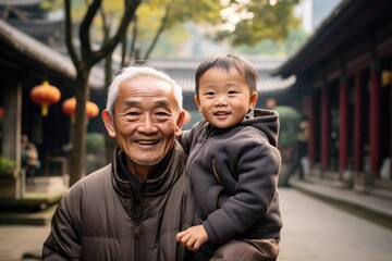 Fototapeta na wymiar An Older Man Holding A Young Boy In His Arms. Aging Gracefully, Bonding Between Generations, Parenting With Elders, Passing Down Values, Intergenerational Love, Intergenerational Relationships
