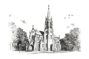 Catholic church hand drawn sketch. Vector illustration design. - obrazy, fototapety, plakaty