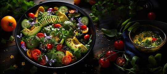 Fresh Garden Salad with Mixed Greens: A refreshing salad with a mix of crisp vegetables and tangy vinaigrette dressing.Generated with AI