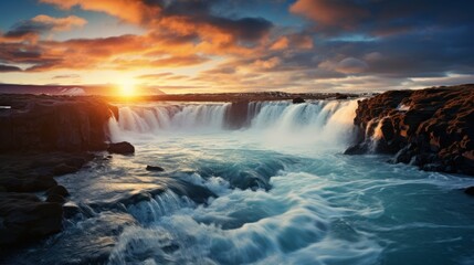 Naklejka premium Godafoss Waterfall, Flow, Place, Skjalfandafljot River Iceland telephoto lens sunset