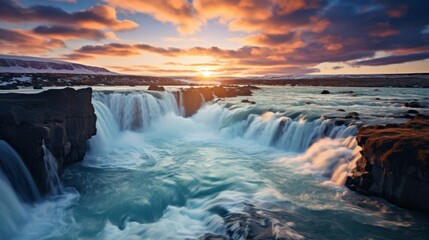 Godafoss Waterfall, Flow, Place, Skjalfandafljot River Iceland telephoto lens sunset