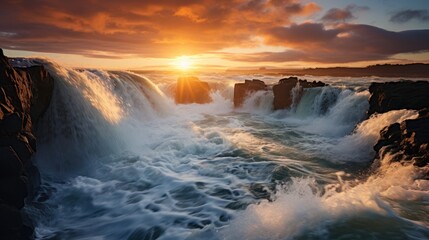 Fototapeta premium Godafoss Waterfall, Flow, Place, Skjalfandafljot River Iceland telephoto lens sunset