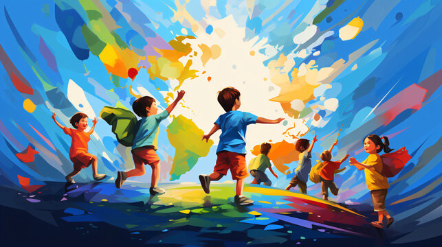 A painting of a group of children playing on a colorful background © Digital Dream Vault