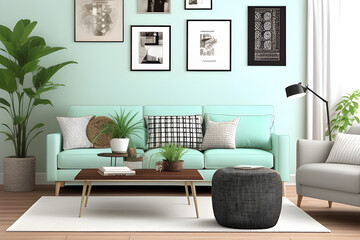 Stylish living room interior design with modern mint sofa, wooden console, cubes, coffee table, lamps, plants, mock up poster frames, pillows, plaid, elegant decorations and accessories in home decor.
