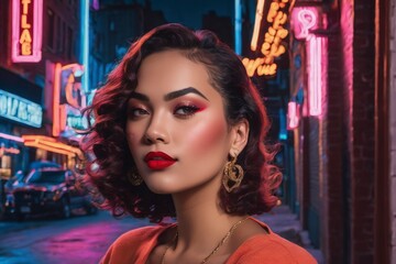Fototapeta premium Glamour model in Neon lit streeet