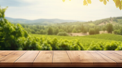 Naklejka na ściany i meble Empty wood table top with on blurred vineyard landscape background, for display or montage your products. Agriculture winery and wine tasting concept. digital ai art, Generative Ai
