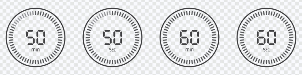 Timer countdown with minutes and seconds Icons. Stopwatch digital countdown timer,  eps 10