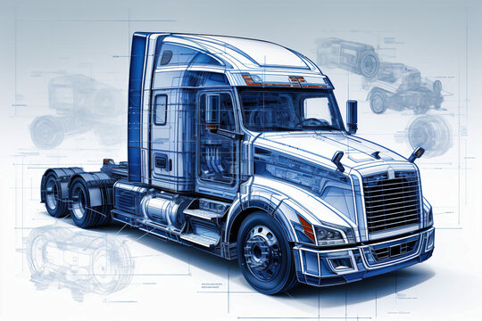 Projection of a modern truck or truck. 3D graphic visualization shows the analysis and optimization of a fully developed vehicle prototype. Modern technologies of mechanical engineering.