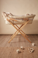 woven moses basket Hanglay template, kids photography neutral for baby clothing body suits two hanger clothing set top and bottom  on the front ideal photoshop template