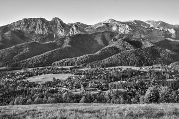 black and white panorama of the Tatras, view of Giewont, beautiful mountain landscape