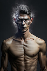 Portrait of a young man with naked torso and futuristic glasses.