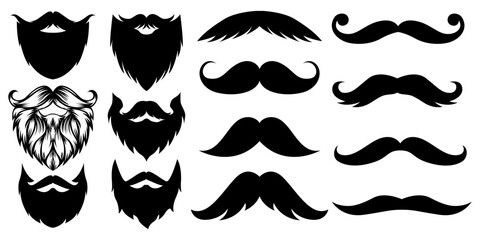 Set of moustaches, beards and lips. Vintage logo moustaches silhouette, black mustaches. Retro gentleman moustaches.