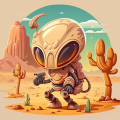 Astronaut in the desert with cactus. Cartoon illustration