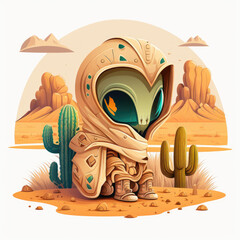 Astronaut in the desert with cactus. illustration.