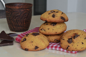 chocolate chip cookies on a red towel
