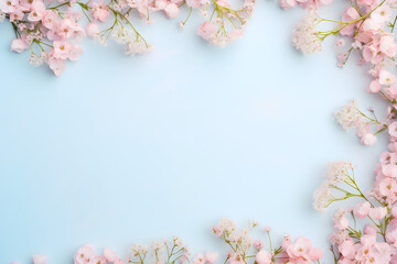 romantic floral frame with tiny delicate pink wax flowers sprinkled over a pale pastel blue background, copy space / space for your text