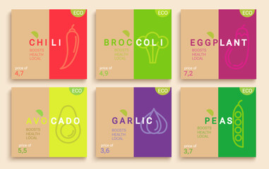 Set of bicolor vegetables cards.Chili,broccoli,eggplant, garlic, peas, avocado flyers for healthy food in minimal flat style.Template for design for local markets and eco farms,price tag,label,poster.
