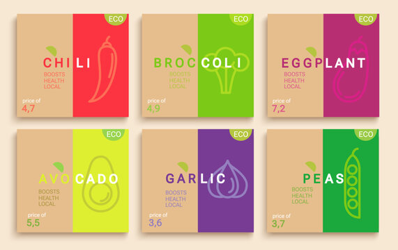 Set of bicolor vegetables cards.Chili,broccoli,eggplant, garlic, peas, avocado flyers for healthy food in minimal flat style.Template for design for local markets and eco farms,price tag,label,poster.